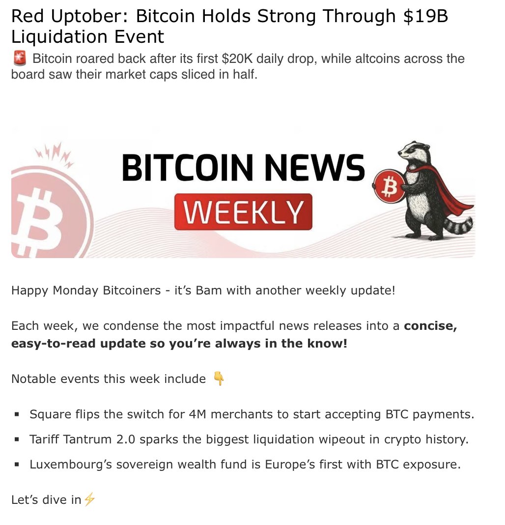 BitcoinNewsCom's tweet image. A record-breaking bloodbath and Bitcoin took it like a champ.

Subscribe below for our full post-mortem on the largest liquidation in crypto history.

Then join @_Rob_Wallace and @rodpalmerhodl live at 11am ET as they break it all down on stream.