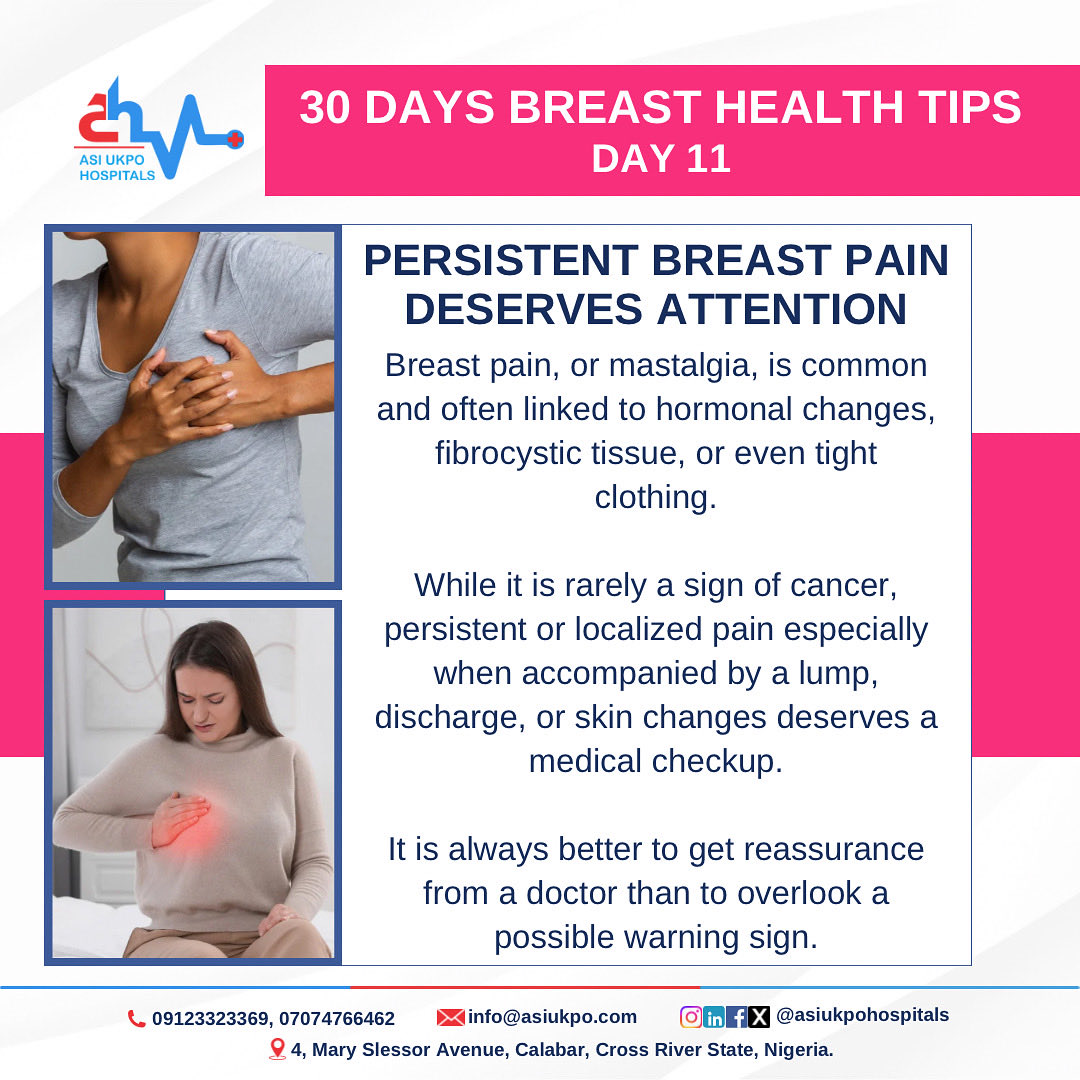 Persistent breast pain? Don’t ignore it. 💗
Most pain isn’t cancer, but lasting or unusual pain deserves a doctor’s check. #BreastCancerAwarenessMonth #asiukpohospitals