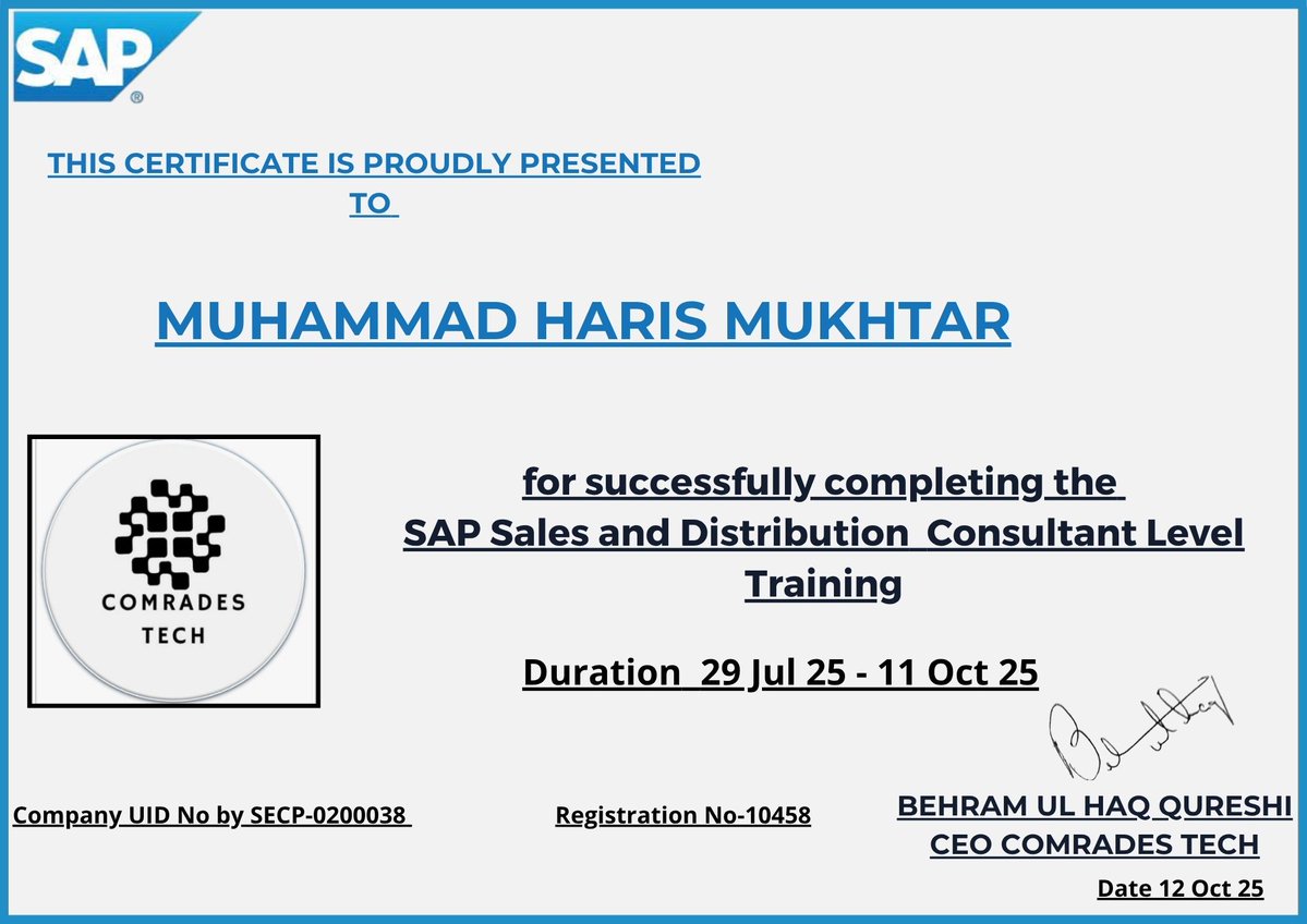 ComradesTechSAP's tweet image. ❤️ ❤️ Congrats MUHAMMAD HARIS MUKHTAR. So proud of you. ❤️ ❤️
#CertifiedWithComrades
#ComradesTechnologies
#SAPTrainingSuccess
#CareerMilestone
#SkillCertified
#LearningNeverStops
#ProudMoment
#FutureReady
#SAPCertified
#SAPTraining
#ComradesCertified