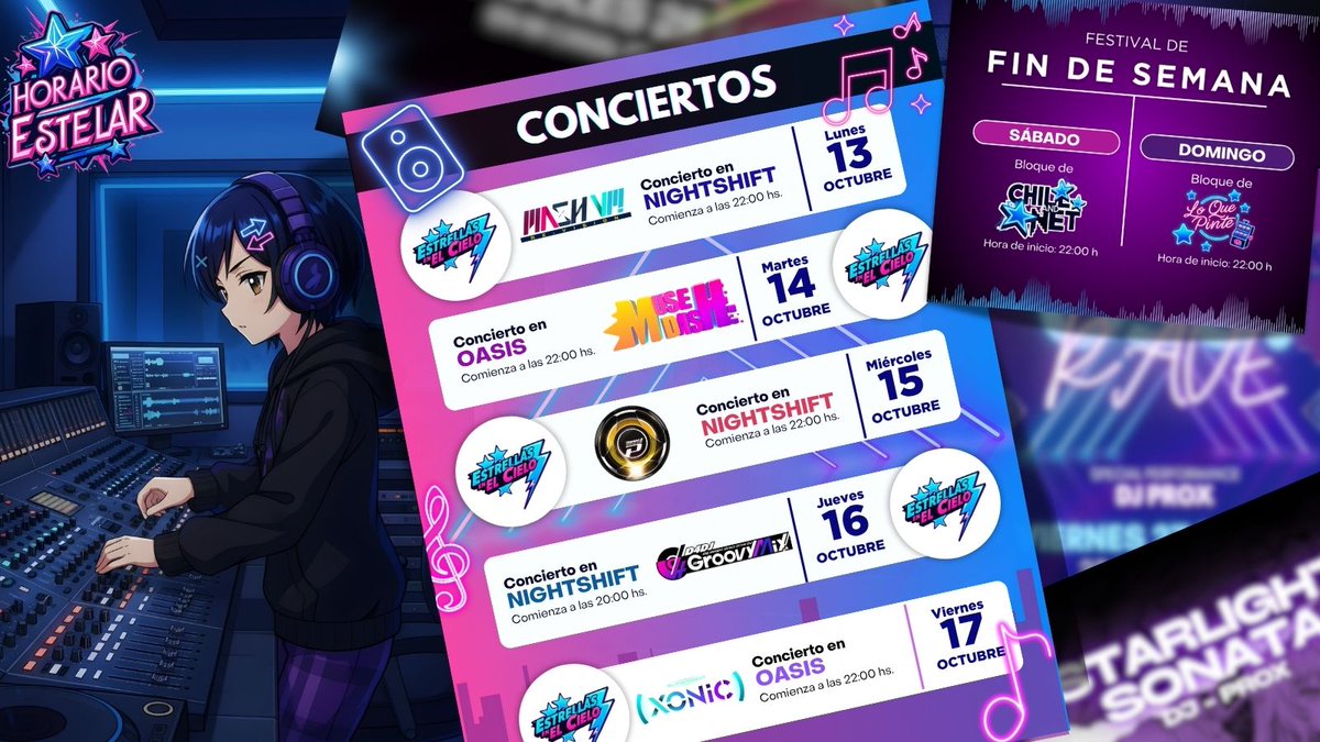 ProxSylverStar's tweet photo. ⭐️¡HORARIO ESTELAR!⭐️
📢ON LIVE STREAM⚡️

#Cronograma #Semanal 
#OnLive #stream #VtuberES

☆>LUNES- 22:00: #MASHVPReVISION
☆>MARTES- 22:00: #MUSEDASH
☆>MIÉRCOLES- 22:00: #DjMaxPortable3
☆>JUEVES- 20:00: #D4DJ
☆>VIERNES - 22:00: #SuperBeatXONIC https://t.co/83NAoUa0hk