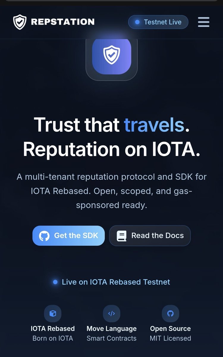 IotaRebased's tweet image. IOTA BREAKING NEWS 📢

The next level of building a trust layer onchain is here Live on IOTA Rebased Testnet !!!

Introducing the  @iota Repstation SDK

A production-ready TypeScript SDK for decentralized reputation management on IOTA

What is $IOTA  Repstation ?

I​OTA…