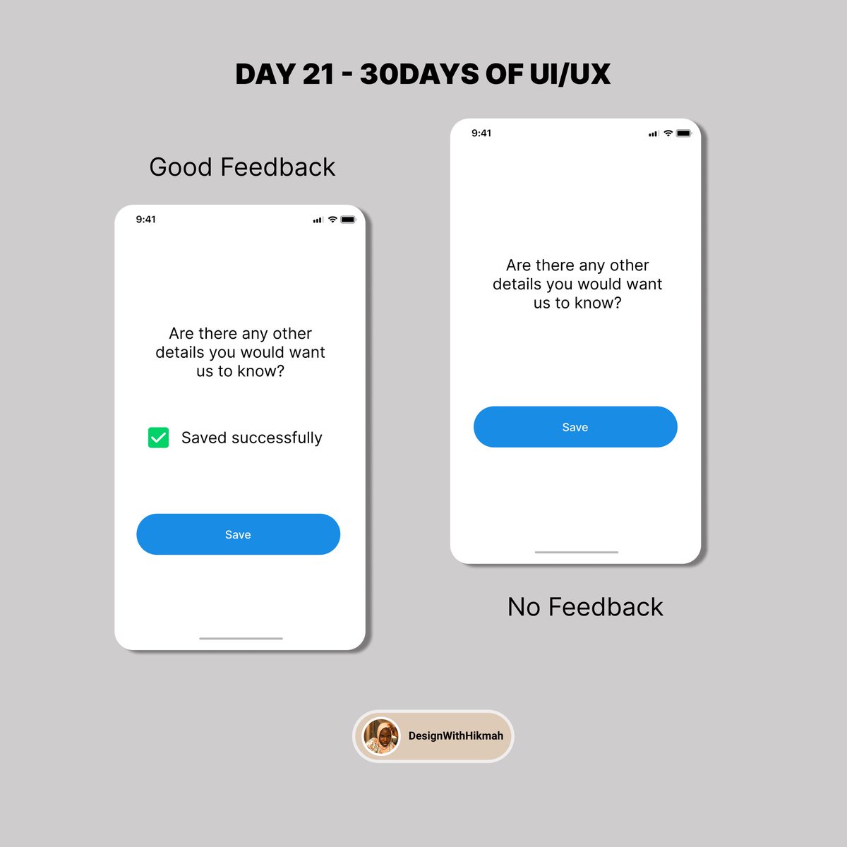 Justheeqmah's tweet image. Day 21 of #30DaysOfUIUX

User feedback is communication.
- Loading spinners
- Success toasts
- Animations after actions
- Silence confuse
When users take an action, they expect a response.
If your design doesn&apos;t talk back, users won&apos;t trust it.

#UIDesign #UXDesign #ProductDesign