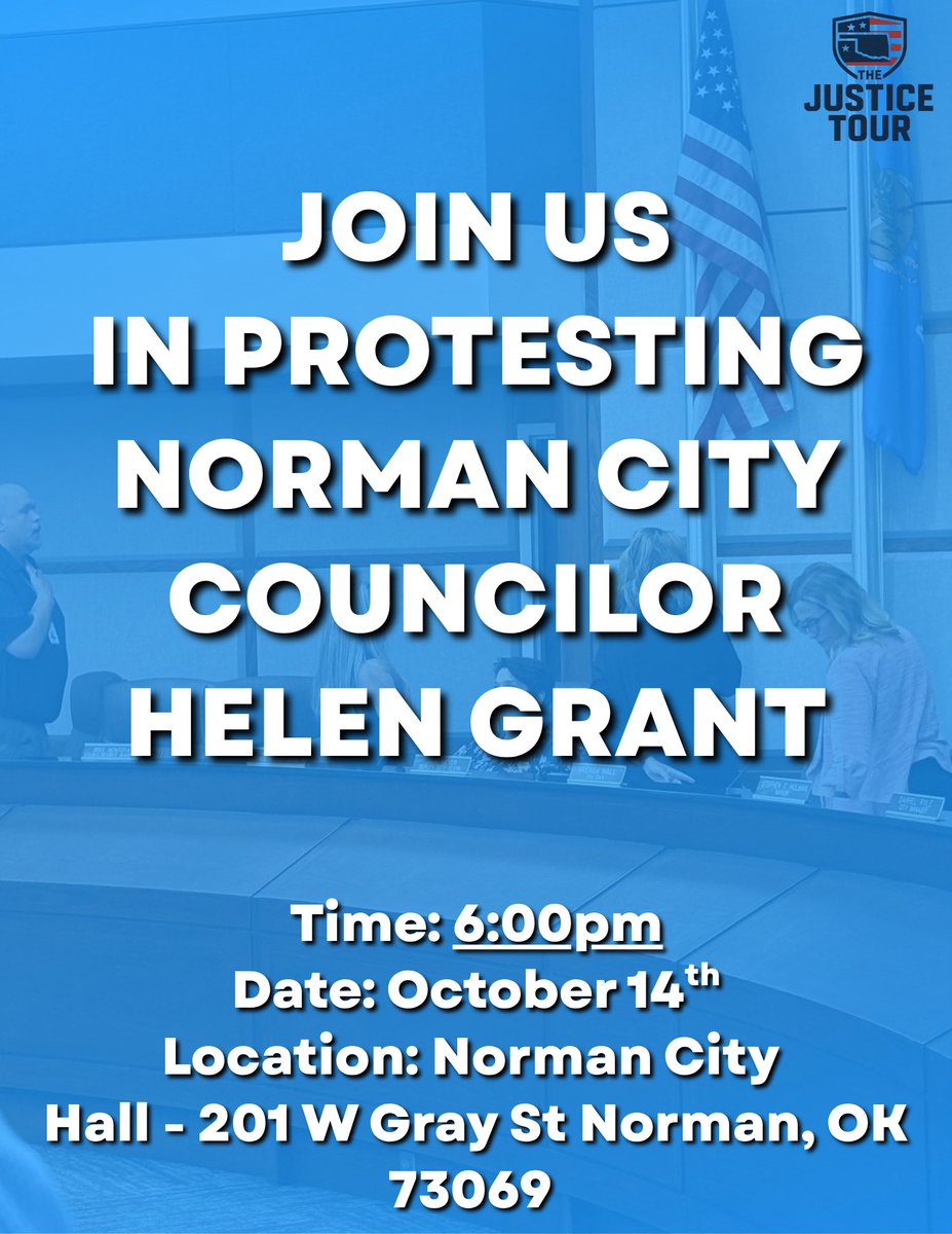 🚨ACTION ALERT🚨

Patriots — join me at 6pm this Tuesday at Norman City Hall. We will be demanding the resignation of Helen Grant. 

Helen celebrated the murder of Charlie Kirk and also sits during the pledge of allegiance. Show up. Make your voices heard. 

See everyone there!