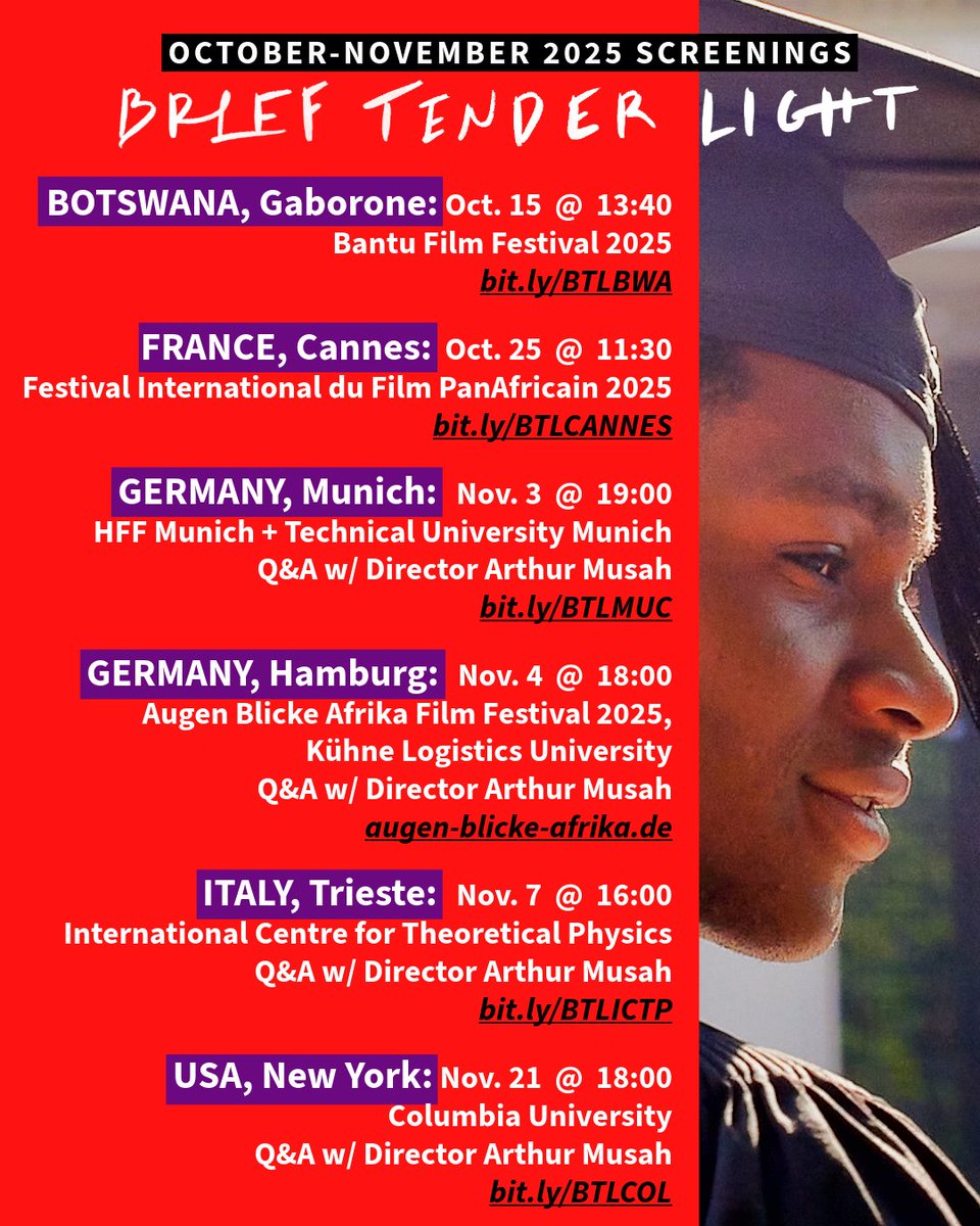 From Gaborone🇧🇼 to Cannes🇫🇷, to Munich, Hamburg🇩🇪, Trieste🇮🇹 &amp; New York🇺🇸, I'm honored to partner with incredible hosts for a series of Brief Tender Light screenings and conversations around the globe. Come watch the film &amp; join the dialogue this fall: brieftenderlightfilm.com