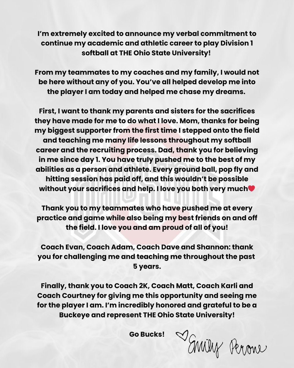 emily_perone's tweet image. OFFICIALLY A BUCKEYE! ❤️👏🏼 #GoBucks #committed #ohiostate
Excited and grateful for this next chapter! Ready to win a championship!
@Coach2K_OSU @Coach_mcGuem @KarliSpaid @CoachCourtOSU
@RSHSTalon @LineDsoftball @LegacyLegendsS1 @gatorjack72 @Softball_Home @FastpitchAthRec…