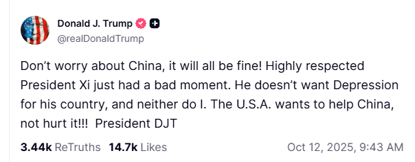 トランプ大統領：「中国のことは心配するな、すべてうまくいく！非常に尊敬される習近平 国家主席は、ただ悪い一時を過ごしただけだ。主席は中国に大恐慌を望んでいないし、私もそうだ。アメリカは中国を助けたいのであって、傷つけたくない！！！  」