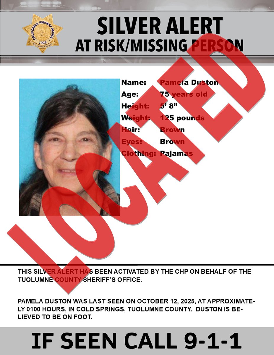 CHPAlerts's tweet image. This SILVER ALERT has been deactivated. 
The subject has been located. 
******************************
SILVER ALERT - Tuolumne, Calaveras and Stanislaus Counties. 
Last seen: Mariposa Dr and Old Mono Rd, Cold Springs 
@TuolumneSheriff

IF SEEN, CALL 9-1-1