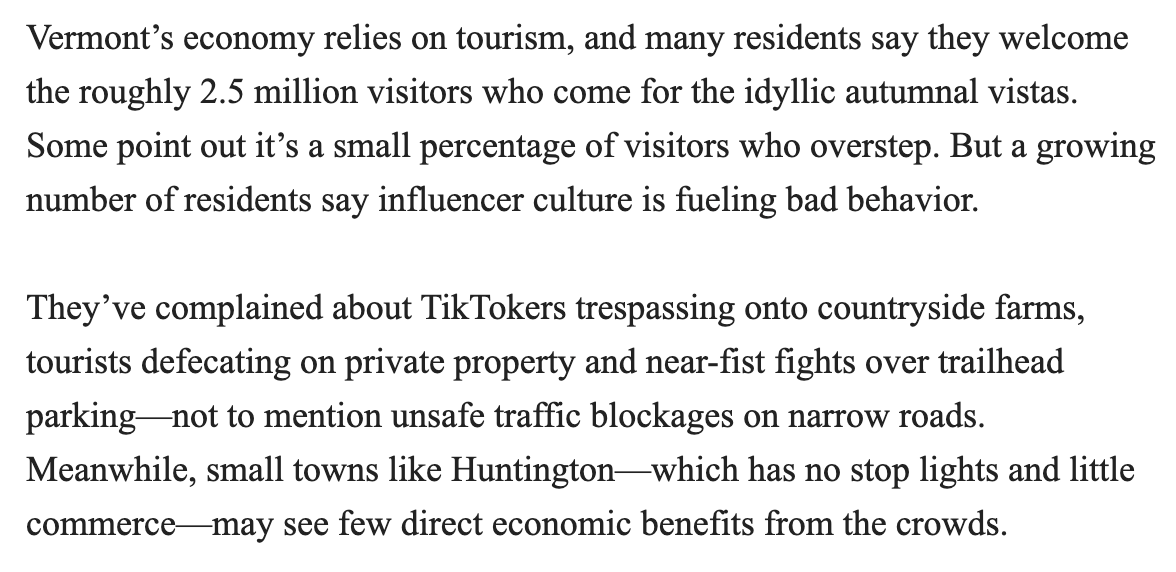 dennislennox's tweet image. "Crowding has become a testy issue around #Vermont, where small towns have taken aim at intrusive #leafpeeping visitors by shutting down scenic roads and ramping up parking enforcement—even towing vehicles."

New Englanders Are Fed Up With Leaf-Peeping Tourists Ruining Their Fall