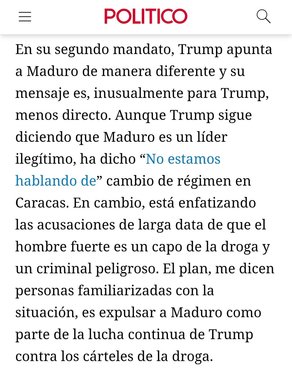 Orlando Avendaño difunde un fragmento de un artículo de POLITICO que supuestamente afirma que todos en el gobierno de Trump quieren que Maduro que se vaya (ésto no es nuevo), que está débil y que contemplan bombardeos incluso directamente a Maduro (ésto último no se menciona en
