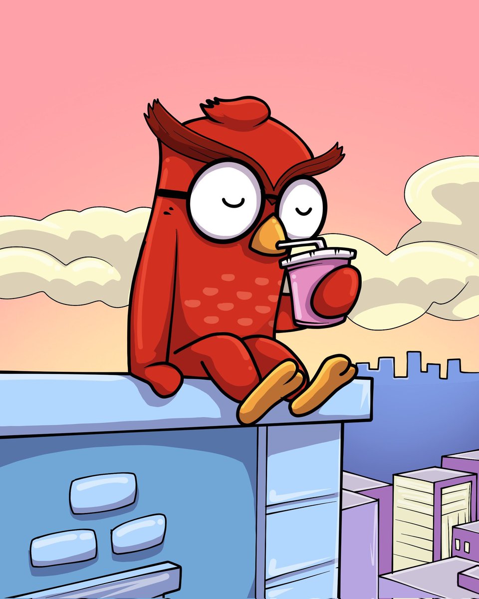 Cartoon owl sipping a drink on a rooftop, representing the $FOMOwl meme token