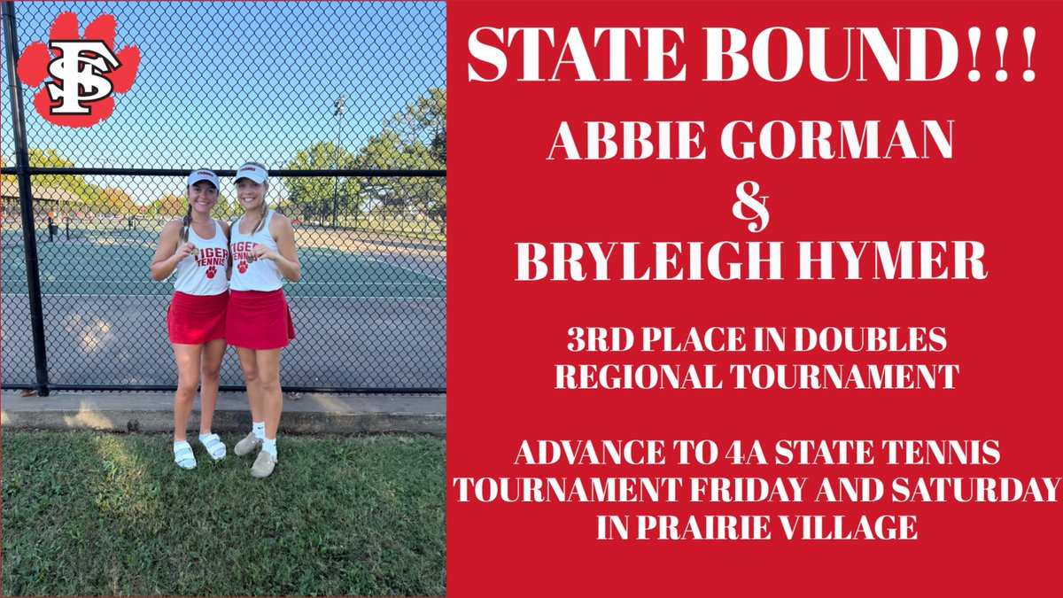 FSHSTigers's tweet photo. Congratulations to the FSHS Doubles team of Abbie Gorman and Bryleigh Hymer on finishing in 3rd place at the 4A Regional Tennis Tournament this weekend in Independence! This qualifies them to compete at the 4A State Tennis Tournament in Prairie Village this Friday and Saturday! https://t.co/7BMoFZUo3U