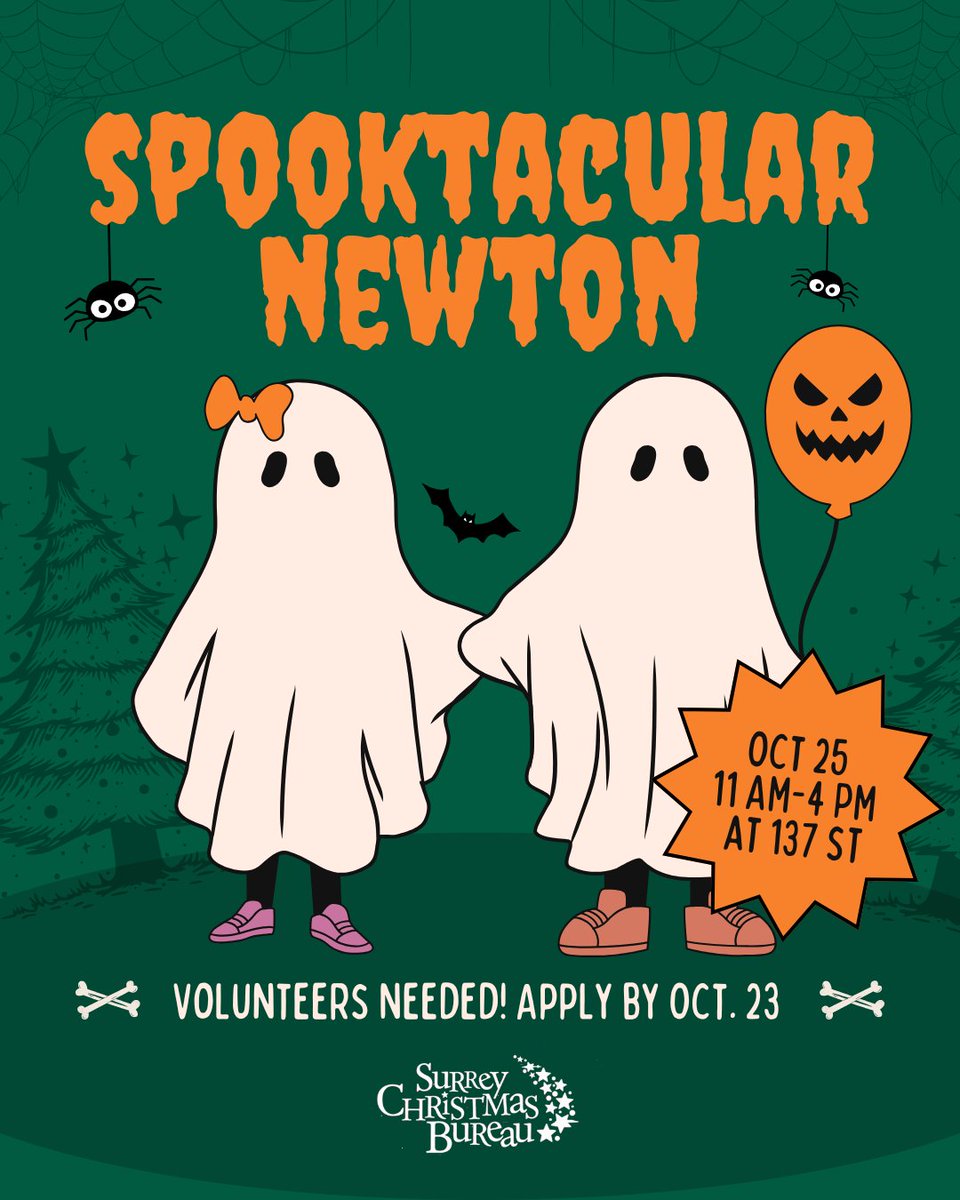 🎃 2 WEEKS AWAY: Spooktacular Newton is on Oct 25!

✨ Volunteers needed for the day
📍 11 AM–4 PM | 137 St, Surrey
📩 Apply: assistant@christmasbureau.com (deadline: Oct 23)

Help spread holiday cheer &amp; support Surrey families 💝

#SpooktacularNewton #Volunteer #CommunitySupport