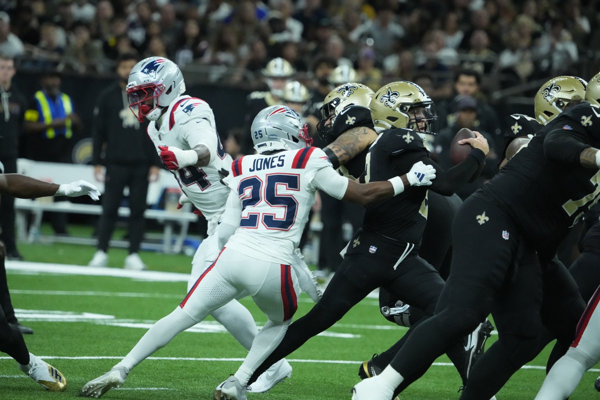 PatriotsComms's tweet image. .@Patriots CB Marcus Jones registered his first career sack in the fourth quarter at New Orleans when he took down QB Spencer Rattler for a 3-yard loss to force a field goal.