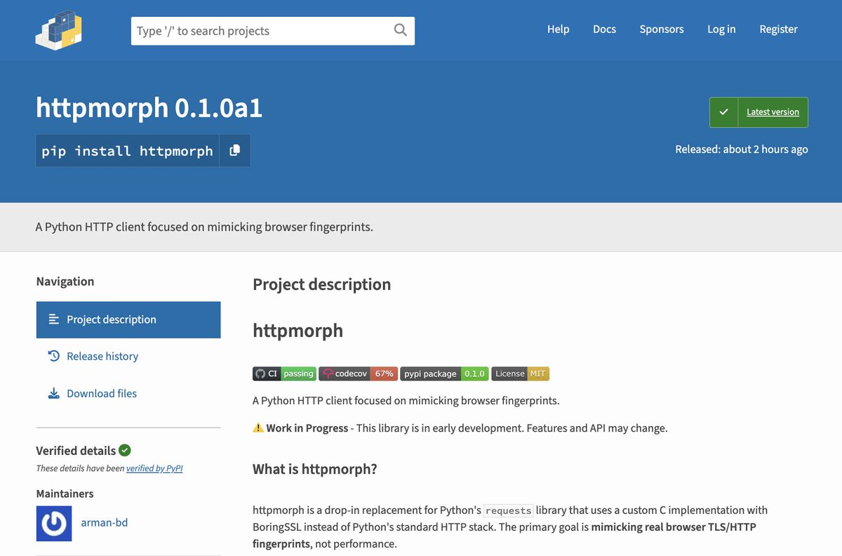 armanfixing's tweet image. 🎉 Launched my first package on #PyPI
C-based HTTP client for #Python that mimics browser #fingerprint to bypass SSL blocks.
✅ Python 3.8-3.14
✅ Linux, Windows, macOS
✅ 270 test cases
✅ requests compatible
PyPI: pypi.org/project/httpmo…
Github: github.com/arman-bd/httpm…