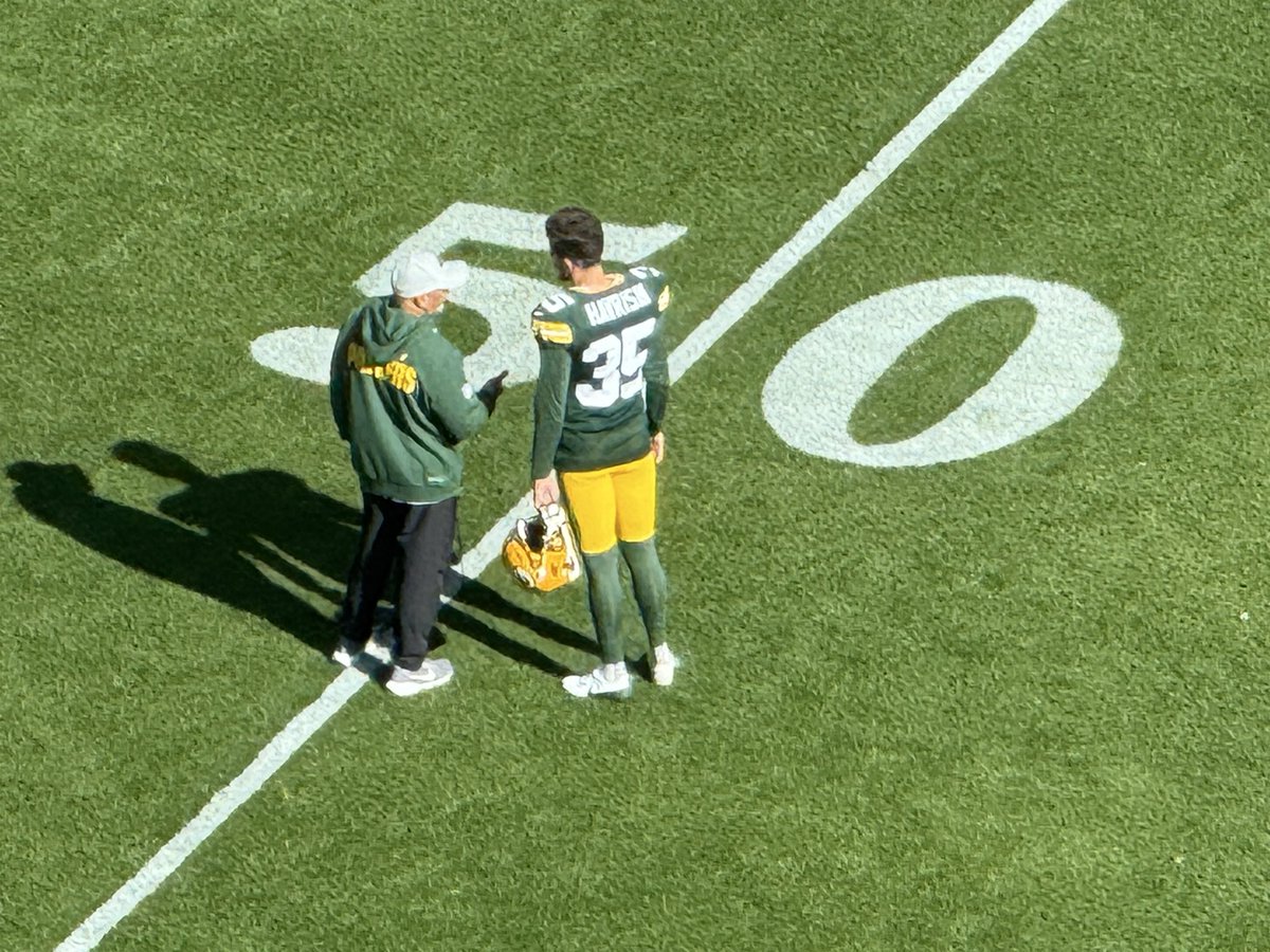 MikeClemensNFL's tweet photo. #Packers PK Brandon McManus is inactive. Team signed kicker #35 Lucas Havrisik, age 26, 2nd year, Arizona who completed one from 63 yards during warmups, here chatting with special teams coordinator Rich Bisaccia. https://t.co/hNSicg43ze