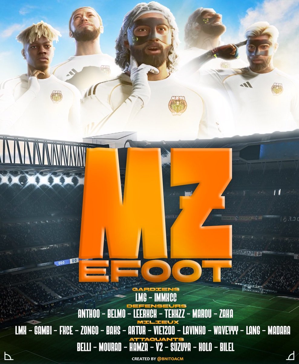 Présentation de l'effectif pour cette saison 

Voici la liste des joueurs qui représenteront la MZ eFoot dans les différentes compétitions engagées

Honneur et fierté de les avoir à nos cotés pour se battre sur le terrain !

Bonne saison

📸 Crédit photo : <a href="/BnitoACM/">𓁹</a>