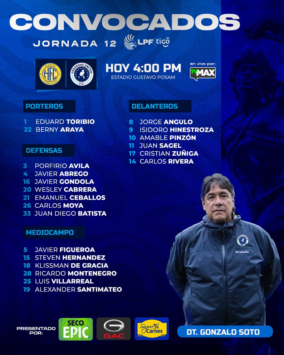 📋 𝗡𝗨𝗘𝗦𝗧𝗥𝗢𝗦 𝗖𝗢𝗡𝗩𝗢𝗖𝗔𝗗𝗢𝗦!
Convocados por el profe Gonzalo Soto para enfrentar a Herrera FC en la jornada 12 del torneo Clausura de la <a href="/LPFpanama/">LPF TIGO</a> 

🚨 ¡BAJAS ACUMULACIÓN! 
• Luis Torres
• Jeremy Emmons
• Juan Felipe Herrera

• Pibe Gonzalez

📲💙 #somosVeraguas