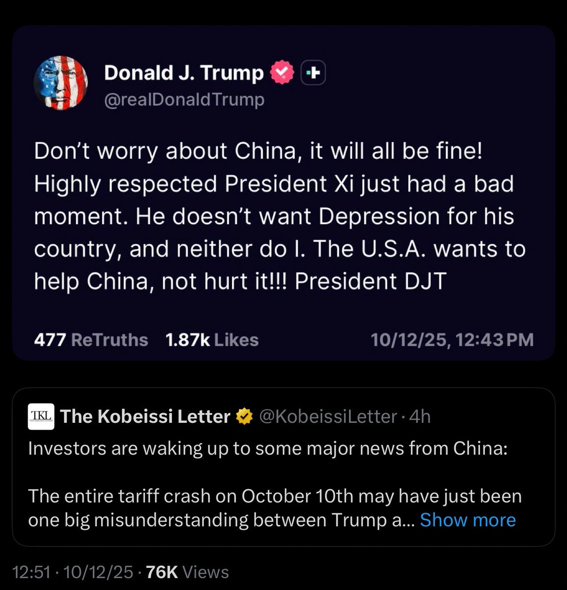 AkiraOrderFlow's tweet image. This is why I wasn&apos;t worried about the tariff news and was adding to $BABA Friday. Trump likes his market green. Weekend wall street numbers are up, I&apos;ll be interested to see how $BABA looks in overnight trading tonight, but I think good