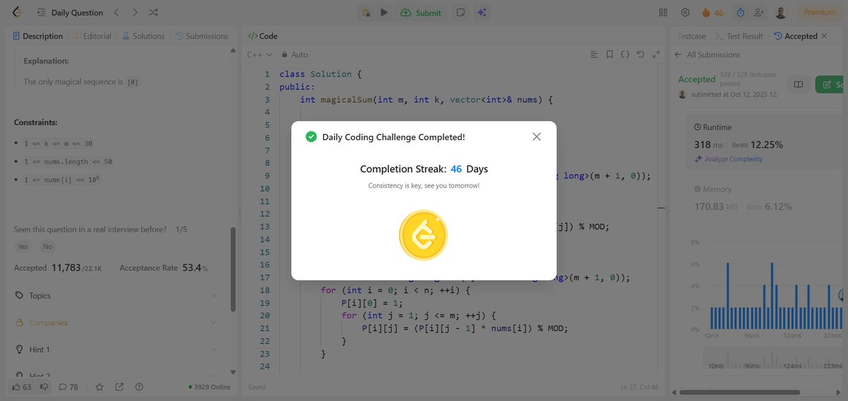 shakish15564's tweet image. Operation 15: Next Horizon 🌅
Day 6 of Week 15 🚀

Today&apos;s Progress ✅
• Solved LeetCode #3539
• Participated in LeetCode Weekly Contest 471
 - Solved 3 questions during the contest
 - Secured rank #1477 among 32,757 participants

#LeetCode #CodingJourney #CodeWithShakish
