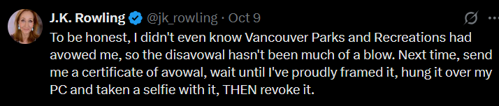AfterburnerOne's tweet photo. @ThomasDigby1 @ParkBoard How typically leftist of your idiotic park and you to support going after @jk_rowling . Meanwhile, she's laughing at you all. Her stance on women is dead right and she's got my support. Go JK! https://t.co/wVdIGWyrN4