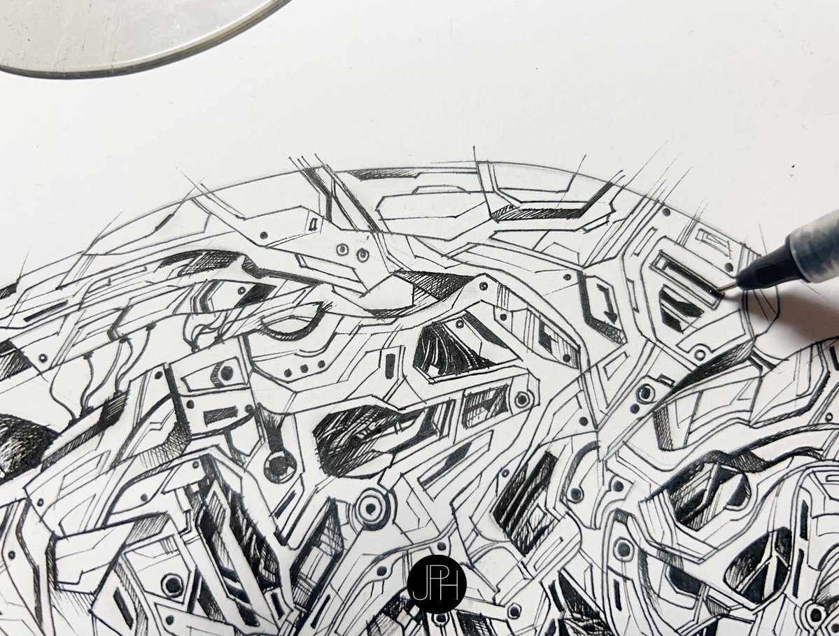 Good morning - My new project 🇫🇷 
✏️Futuristic military motorbike 4 details📐
with Rotring and Staedtler markers  0,1-0,3
No AI product - © Julien-Pierre Hanel 2025
#sketchart #rough #lines #art #artwork