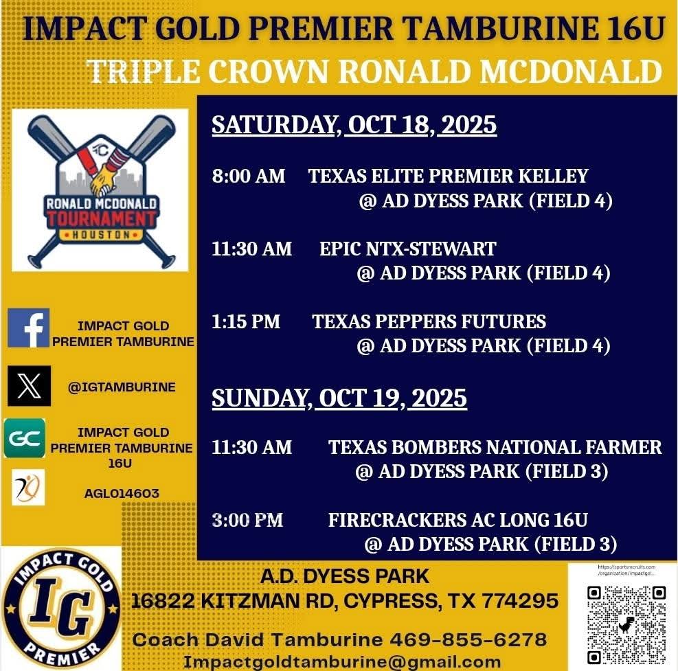 <a href="/IGTamburine/">Impact Gold Tamburine</a> will be Houston bound next weekend! Come see us if you're in the area.
#goldblooded
#BetheImpact
<a href="/ImpactGoldOrg/">Impact Gold Fastpitch</a>
<a href="/triplecrownspts/">Triple Crown Sports</a>
 <a href="/Sports_Recruits/">SportsRecruits</a>
<a href="/FPRecruit/">FastPitchRecruit</a>
<a href="/SBRRetweets/">Softball Recruiting Reposts</a>
<a href="/NCAASoftball/">NCAA Softball</a>
<a href="/AGLSoftball/">AthletesGoLive Softball</a> 
<a href="/GetGameChanger/">GameChanger</a>
