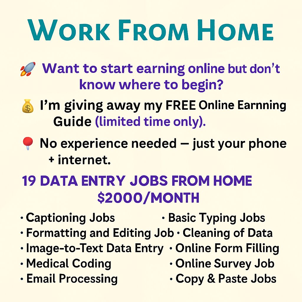 atikcoder0's tweet image. 🚀 Want to make money online but not sure where to start?

Grab my FREE Online Earning Guide 🎁

✅ No experience needed — just your phone &amp;amp; internet
💼 Learn 19 Real Data Entry Jobs you can do from home

To get it FREE:
1️⃣ Like ❤️
2️⃣ Repost 🔁
3️⃣ Comment “GUIDE” 💬
4️⃣ Follow me