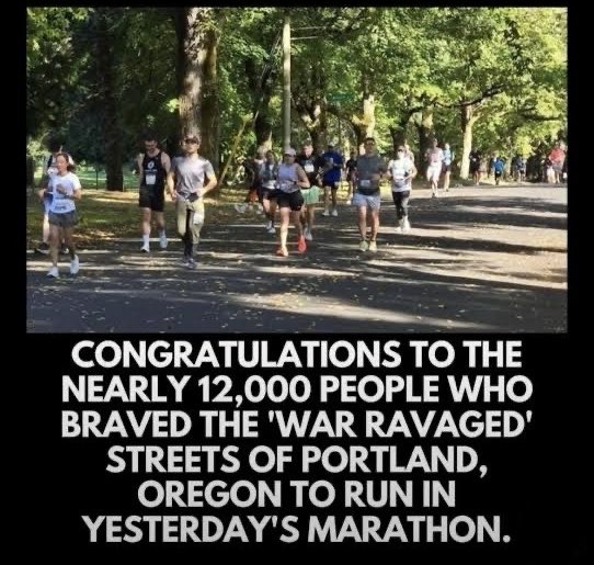 🔥 Ink &amp; Fire: The “War Zones” They Warned You About

Apparently, Chicago and Portland are “war-ravaged hellscapes.”
You know — the kind of dystopian nightmares where 50,000 people gather for a marathon… and 12,000 more casually jog through “rubble” under tree-lined streets.