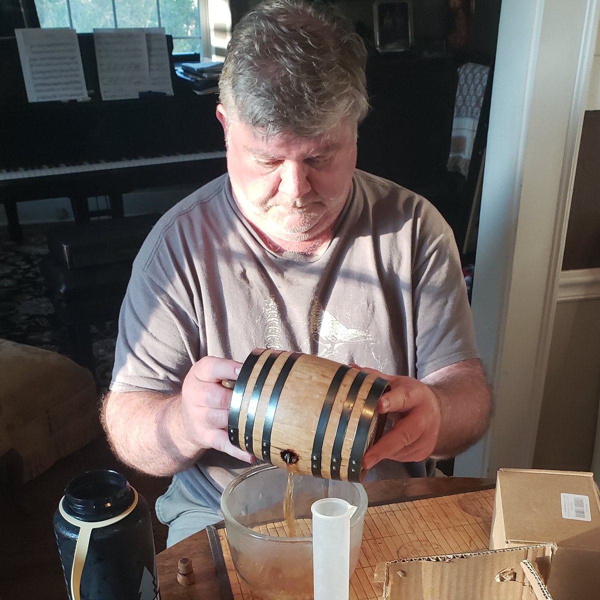 EngineerdSpirit's tweet image. When you age a spirit in a new oak barrel, it&apos;s common for the spirit to contain flakes of charred wood from the barrel. This is why big distilleries use large screens over their totes or tanks  when they empty a barrel, but here we make do with a regular old kitchen strainer.
