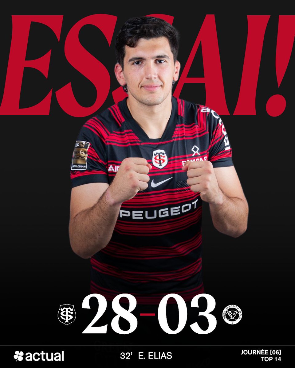StadeToulousain's tweet image. Efrain conclut un superbe essai Toulousain 😍
Encore un magnifique mouvement des 3/4 et notre 2ème ligne aplatit en plongeant sur l'aile droite 🇦🇷
Thomas Ramos transforme et poursuit son sans faute.