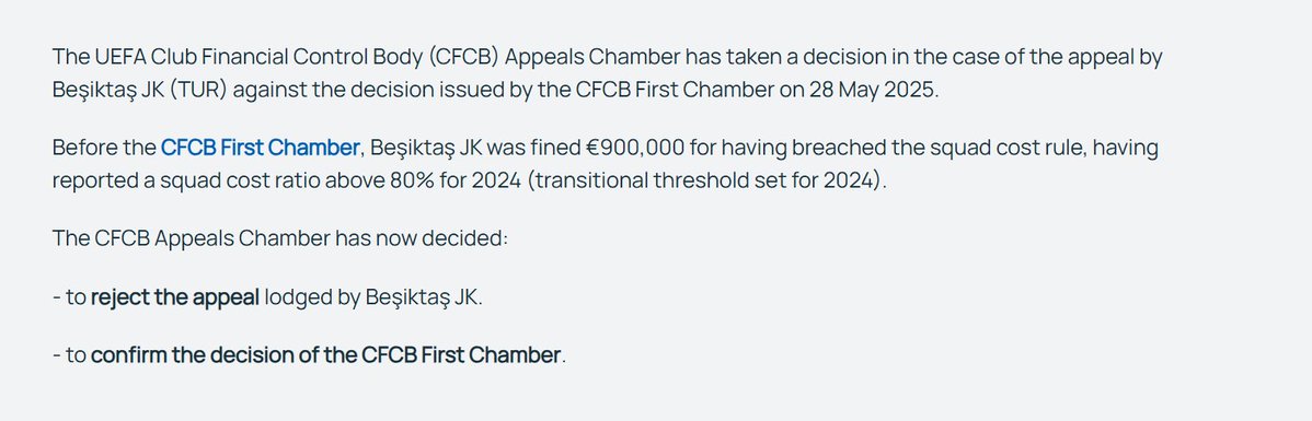 UEFA resmi sitesinde Temmuz ayından bir açıklama.
CFCB (Club Financial Control Body) Beşiktaş'ın itirazını reddetmiş. 
İtiraza konu dosya;
"Kadro maliyeti kuralını ihlal ettiği için Beşiktaş'a verilen 900B€ ceza"

Ahmet ve Hasan Galatasaray'ın transferlerinden şüpheleniyordu ara