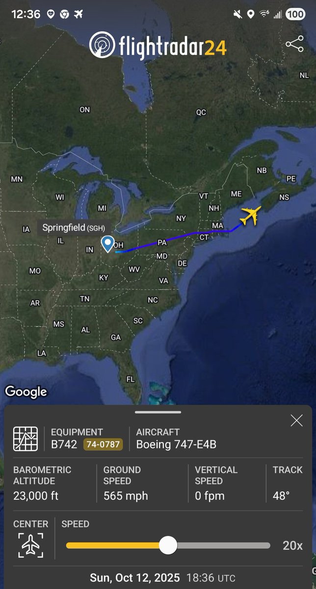 USAF E-4B Nightwatch NAOC 74-0787 #ADFEB5 departed Wright-Patterson AFB, tracking across the Atlantic ahead of the POTUS entourage to ISR. 
<a href="/sipjack1776/">1776Girl</a> <a href="/LadyAstroJet/">Jamie T</a>