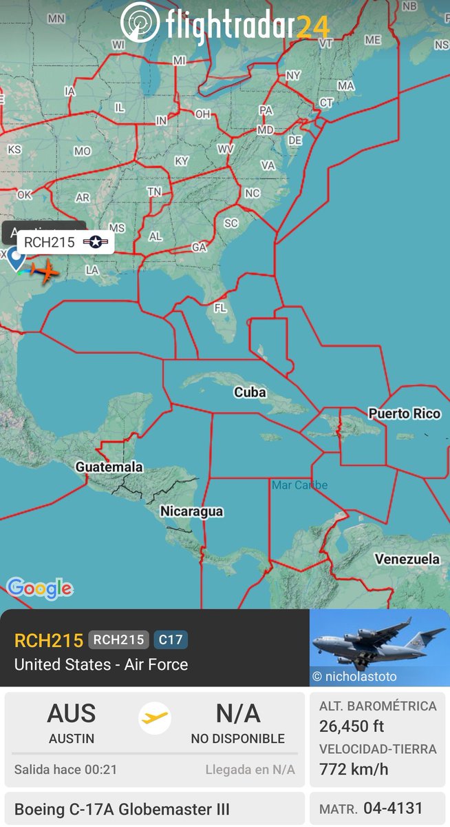 Arrest_Maduro's tweet photo. 🇺🇲U.S. Air Force C-17A Globemaster III, reg. 04-4131, hex #AE123C, código de llamada RCH215, procedente de Holloman AFB vía Austin-Bergstrom y con destino a Ceiba, Puerto Rico🇵🇷. https://t.co/kHE9tDM5jr