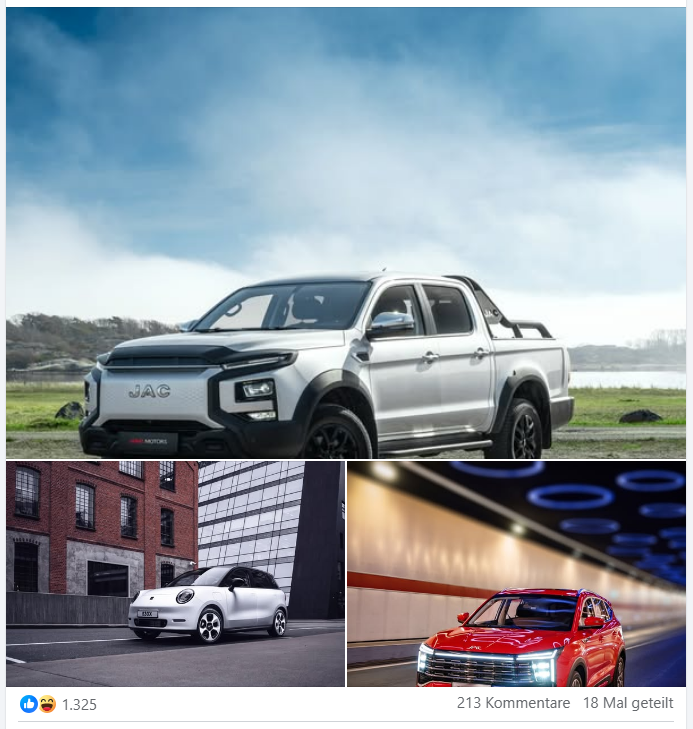 Yet another chinesische Automarke startet in Deutschland durch - seit Tagen taucht die Werbung für JAC MOTORS auf. Die Riesenauswahl an 🇨🇳 E-Autos, die genauso aussehen, wie viele andere 🇨🇳 Marken.

Wie viele Marken kann der EU-Markt verkraften?

#SUV #JAC #JACMotors