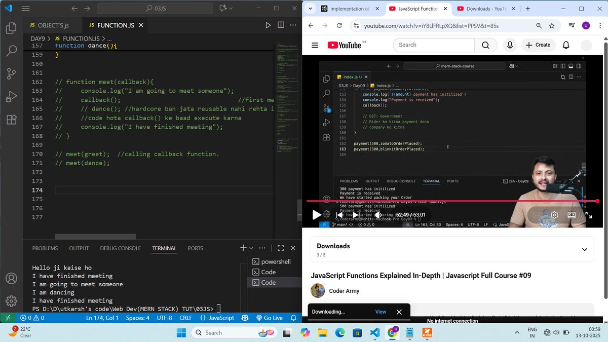 UtkarshVer28662's tweet image. DAY 24:(of learning web dev with @rohit_negi9 sir)

In 9th lecture of javasctipt, I have learned about Function, different ways of calling function
and the most interesting was using callback in the function.

#100DaysOfCode #coderarmy