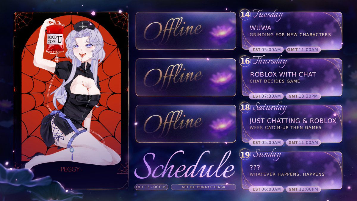 Peggyz_Bean's tweet photo. 📅 SCHEDULE FOR WEEK 13/10/2025 - 19/10/2025
SCHEDULE SUBJECT TO CHANGE
✨🔮TAGS🔮✨
Art: #Pegart
Live: #PeggerLive
Twitch: https://t.co/RPE2rIRhCv https://t.co/KotgYDK0Gk