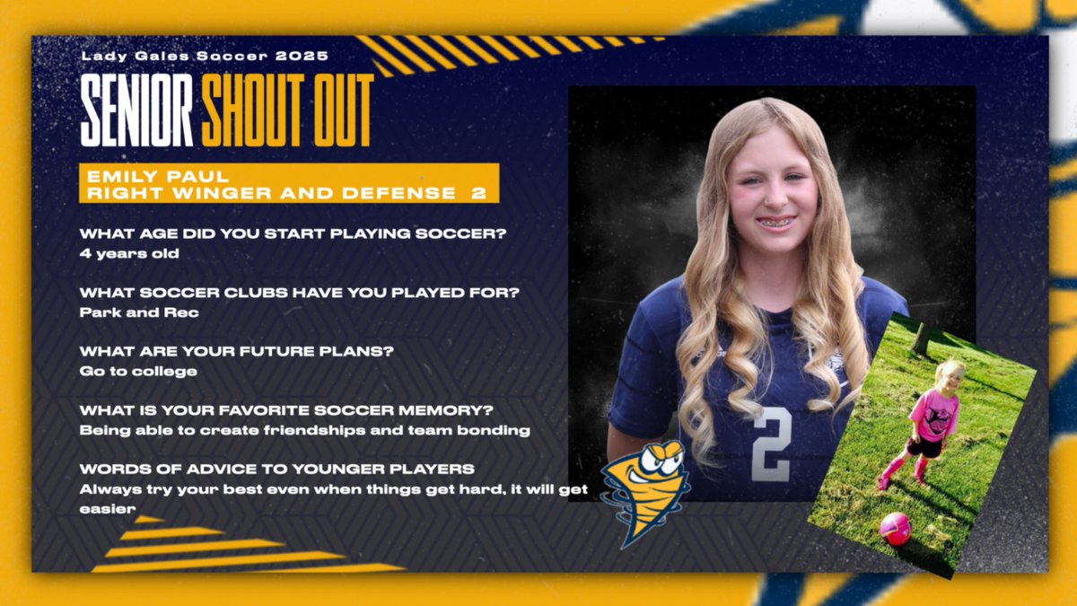LadyGalesSoccer's tweet photo. ⚽ Senior Shout Out to Emily Paul - #2 💙💛

Her positive spirit and commitment to her teammates has been appreciated throughout her time with Lady Gales soccer. She represents the program with heart and dedication.

#GoLadyGales https://t.co/6z6RcXAY9p
