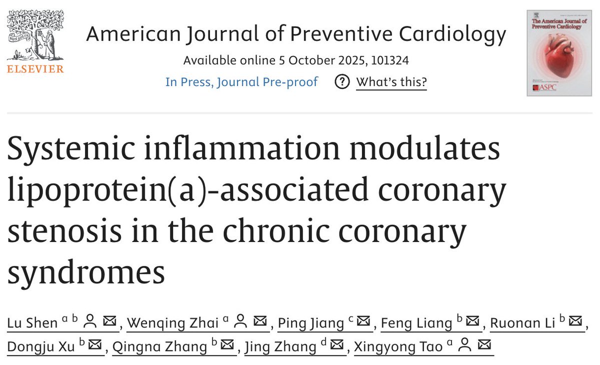 🔬 New study: Systemic inflammation modulates how Lipoprotein(a) drives coronary stenosis in chronic coronary disease — suggesting inflammation isn’t just bystander but a key amplifier.
🔗 ow.ly/Q8B650Xairl

#Lp(a) #Inflammation #CVDPrevention #CardioScience