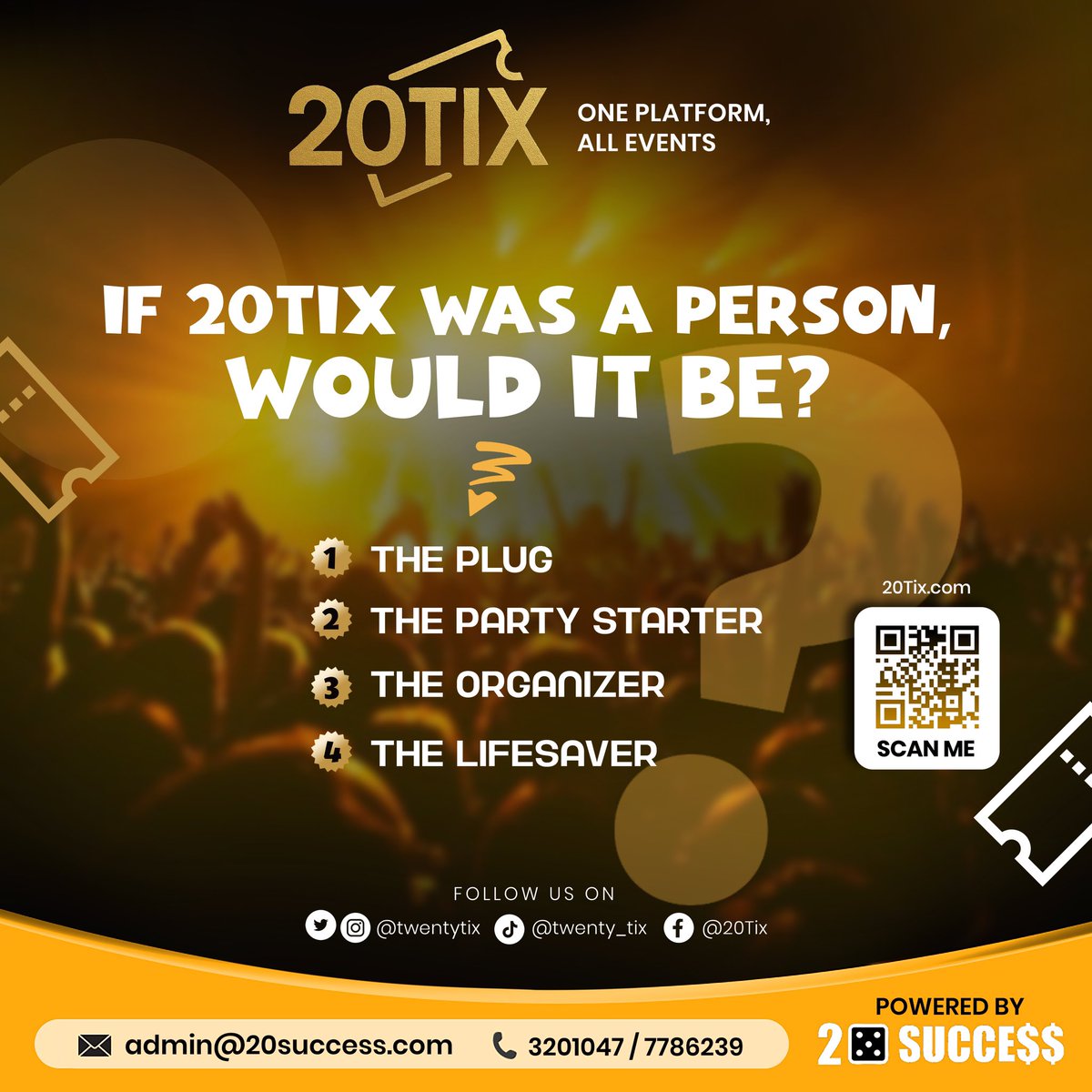 20successEnt's tweet image. If 20Tix was a person… we’d definitely be THE PLUG 🔌 for every lit event in town!
Which one would you pick? 👇
#20Tix #EventPlug #PartyStarter #GambiaEvents #OnePlatformAllEvents #EventVibes #20Success #YourEventYourWay #DiscoverGambia