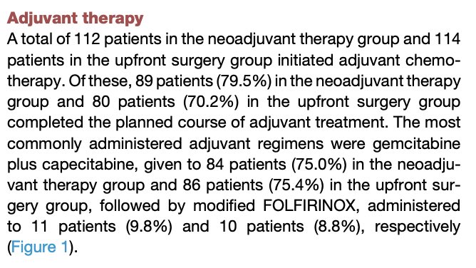 That said, for the upfront surgery group, 75.4% received gem/cape, only 8.8% receiving mFFX.

I’m not sure if it’s a fair comparison if one group mostly received gem/cape and the other both gem/abraxane and mFFX.

But that goes against my personal bias so I’m ignoring it.

End🧵