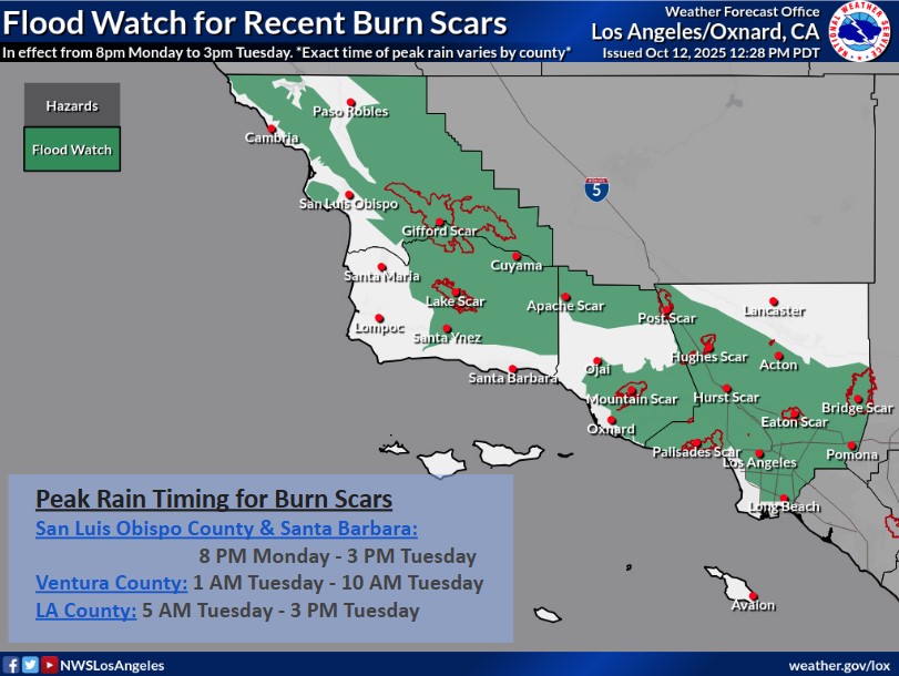 NWSLosAngeles's tweet image. Latest storm update for our slice of #SoCal:

* Rain totals 0.75&quot;-1.50&quot; most areas with up to around 3.50&quot; aross the mountains
* Flood Watch in effect for all burn scars
     - Due to rain rates possibly exceeding USGS thresholds
* Snow above 6000 feet
* Gusty S-SW winds
#CAwx