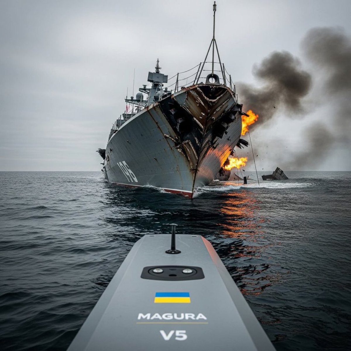 VictorKvert2008's tweet photo. Корвет орков "Ивановец" затонул в Черном море, примерно в 12 км от Донузлава, недалеко от Крыма. Причина: украинские морские беспилотники MAGURA V5. https://t.co/dtsvHZH681