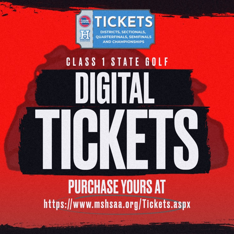 For those who plan to attend the Class 1 State Golf Tournament at Tanglewood Golf Course in Fulton, you will need to purchase a digital ticket to attend.

Here is the link to purchase your tickets. 
mshsaa.org/Tickets.aspx