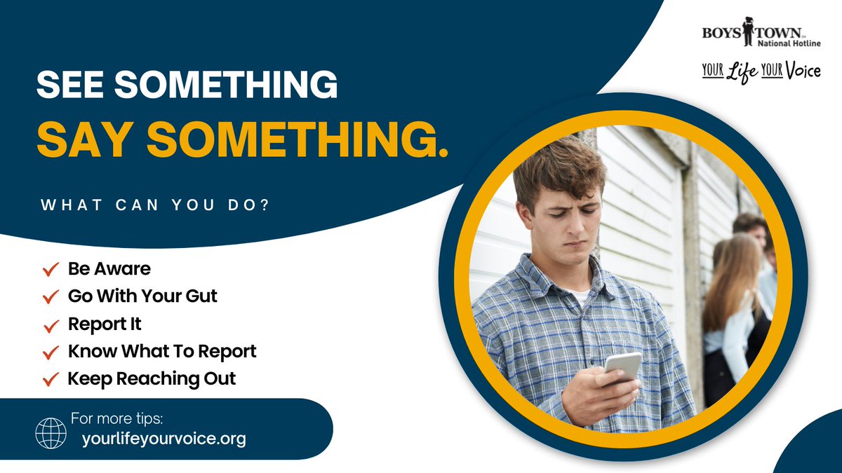 BoysTownHotline's tweet image. Make it your mission to prevent bullying. If you are being bullied, get support; if you see something, say something. When each person does their part, we can make this world a kinder place. bit.ly/ylyvSaySomethi… #EncourageOthers #PreventBullying