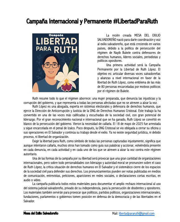 Esta campaña será continuada hasta que Ruth esté libre. Y luego vienen otras campañas hasta que en El Salvador ya no haya presos políticos.
#TenganDecencia