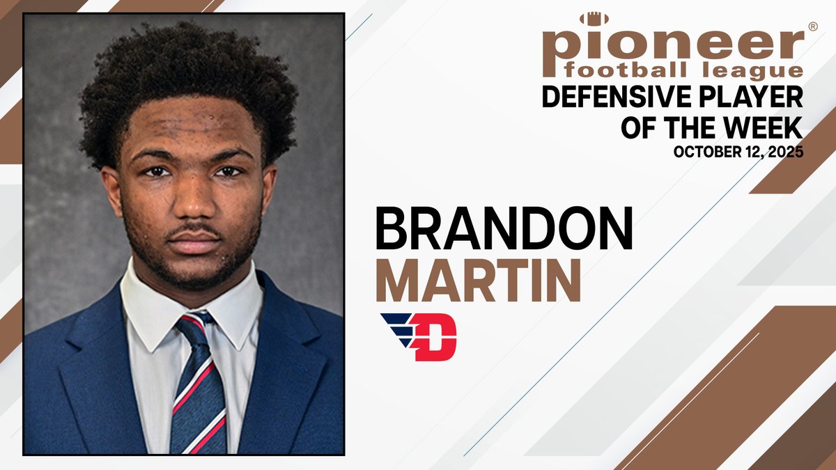 𝗧𝗵𝗲 𝗣𝗙𝗟 𝗗𝗲𝗳𝗲𝗻𝘀𝗶𝘃𝗲 𝗣𝗹𝗮𝘆𝗲𝗿 𝗼𝗳 𝘁𝗵𝗲 𝗪𝗲𝗲𝗸!

Brandon Martin, Dayton
Had six tackles for no gain or a loss to lead a Flyers defense that did not allow a point for three quarters in a victory at Valparaiso.

Story &gt; pioneer-football.org/news/2025/10/1…

#FCSisBest |