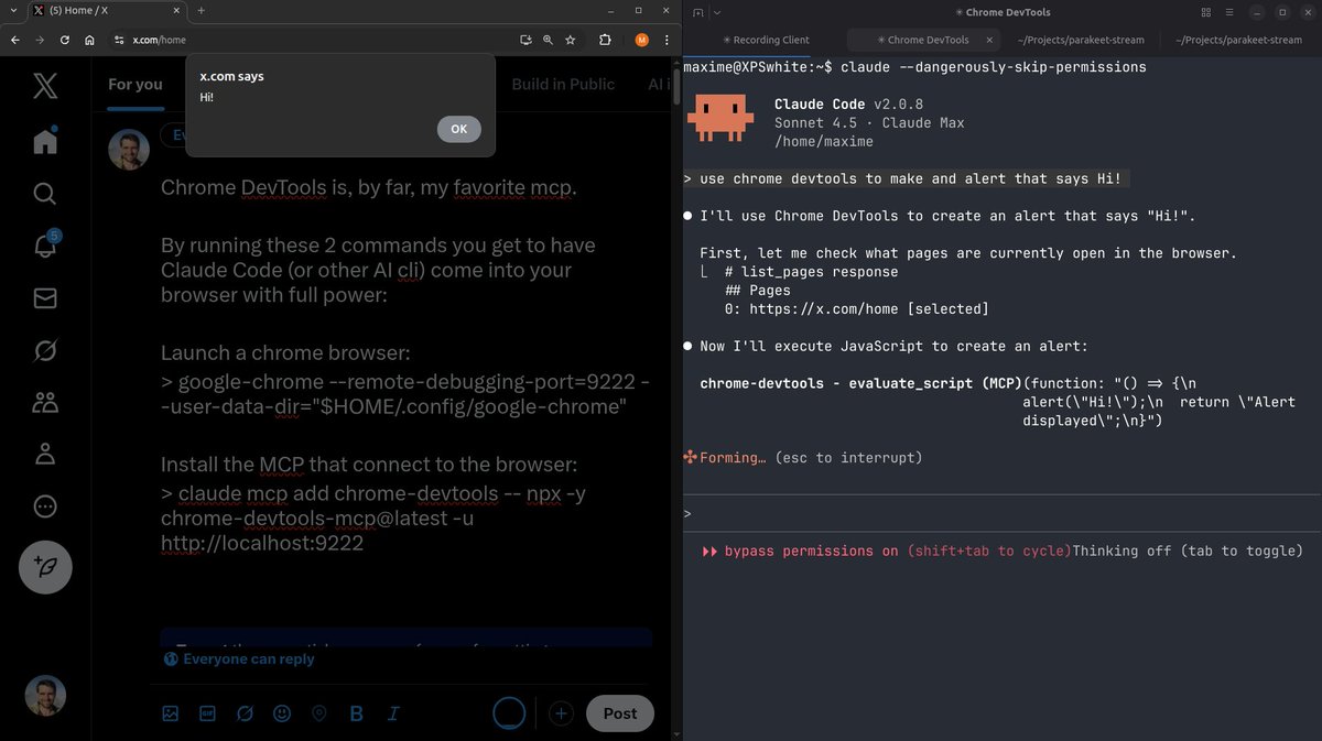 MaximeRivest's tweet image. Chrome DevTools is, by far, my favorite mcp server.
By running these 2 commands in your terminal, you get to have Claude Code come into your browser with full power:
Launch a chrome browser:
> google-chrome --remote-debugging-port=9222…