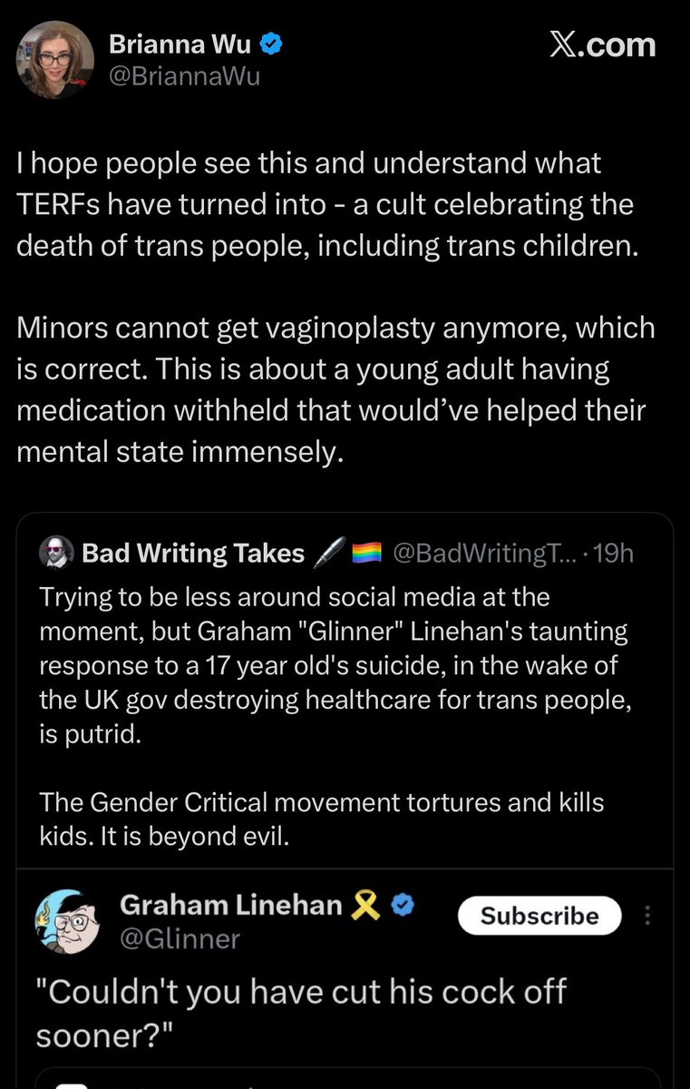 Decided to check in on Brianna Wu to see that she’s…blaming nonbinary trans people for TERFs and Graham Lineham mocking dead trans teens.

Her mind is a maze she will never escape from.