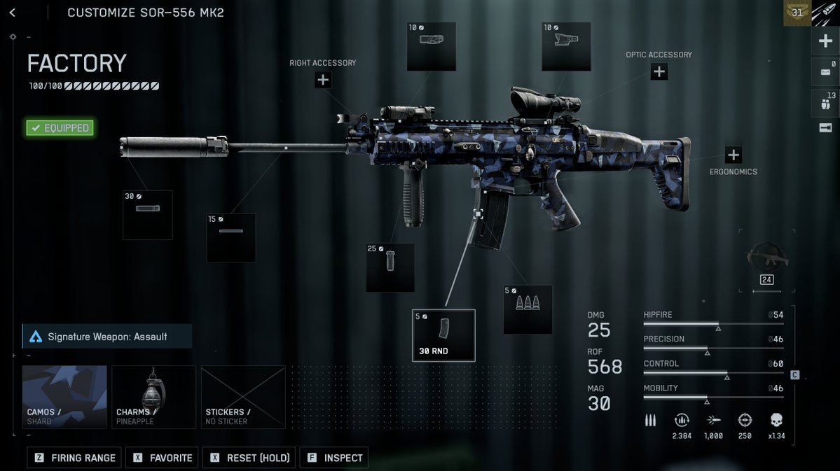 ModernWarzone's tweet image. Here's a SCAR / SOR-556 MK2 loadout build I've been using for medium to long range in Battlefield 6. It FRIES. Tap fire 🫡
- CQB Suppressor (30)
- Extended Barrel (15)
- 6H64 Vertical (25)
- 30 Mag (5)
- Penetration Munition (5)
- 5 MW Green Laser (10)
- 4x Acog Scope (10)