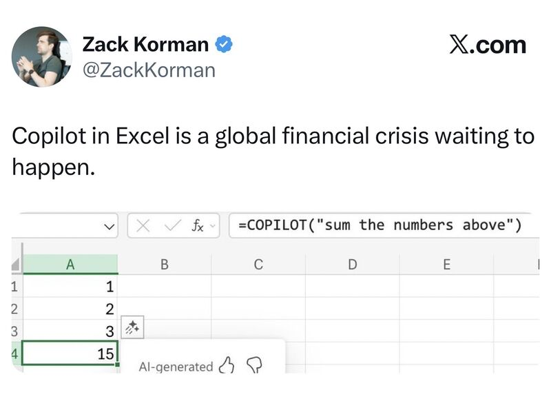 lumlax's tweet image. Excel’s Copilot pulled some numbers out of thin air. 1 + 2 + 3 = 15 ✅ Which is potentially a trust issue. Like in finance. Funny, the old Excel was straightforward. But with Copilot, it's a total enigma. If AI can’t clarify its reasoning, we’ve got a problem.
#AI #DevOps